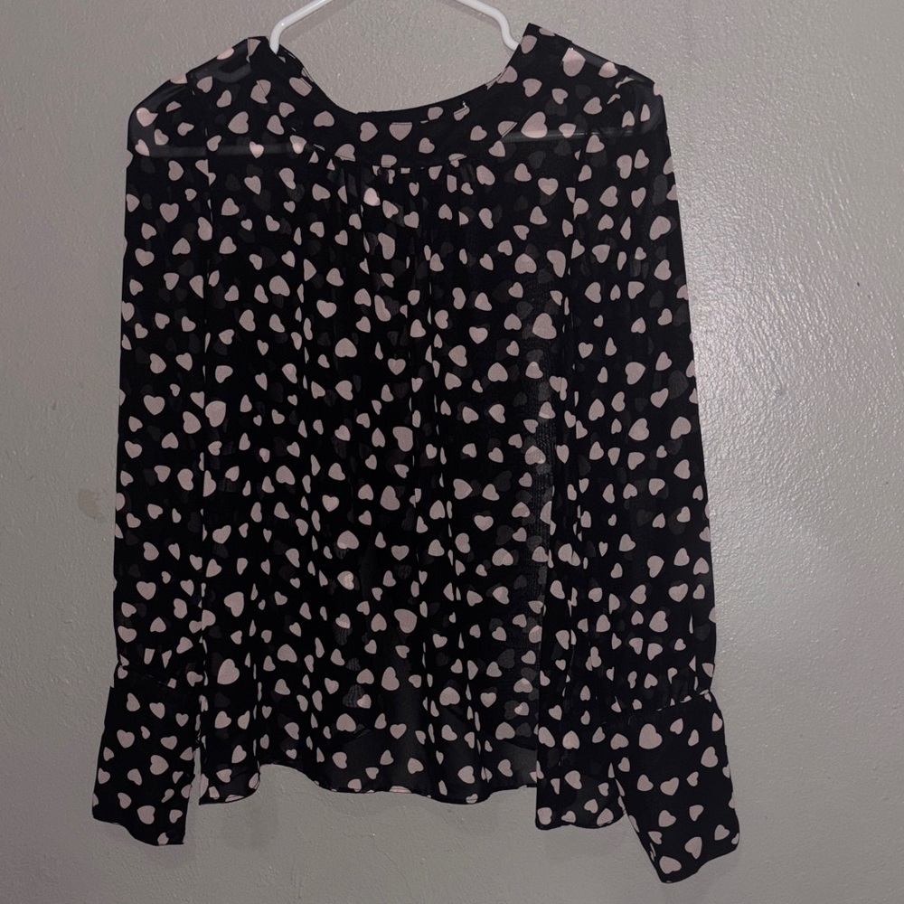 New York & Company Black Blouse with Pink Heart Print